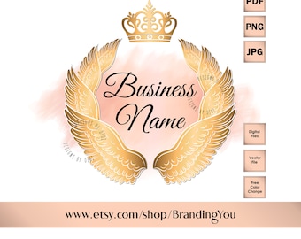 Angel wings logo, angelic logo, custom logo design, gold pink wings logo, angel wings crown pink gold logo, branding package, graphic design