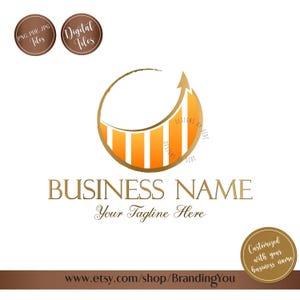 May include: A logo design featuring a gold and orange graphic of a rising arrow and bars within a circle. The text "BUSINESS NAME" and "Your Tagline Here" are below the graphic. Includes "PNG, PDF, JPG Files" and "Digital Files" labels.