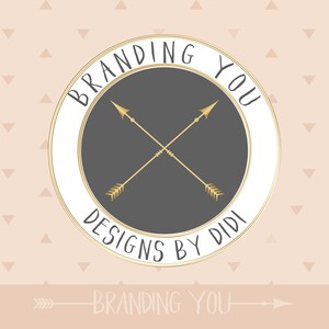 May include: Branding You Designs by Didi logo with a white circle and gold trim. The circle contains two gold arrows crossed in the center on a gray background. The text "Branding You" is written in a handwritten font around the top of the circle and "Designs by Didi" is written in a handwritten font around the bottom of the circle.
