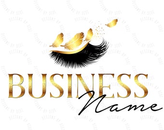 Lash beauty logo, lashes feathers business branding, premade logo eyelashes gold glitter, custom makeup artist logo template, vector logo