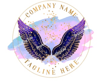 Angel Wings Logo, watercolor angel wings design, Custom logo design, gold blue purple wings logo, round angel logos wings sparkle gold
