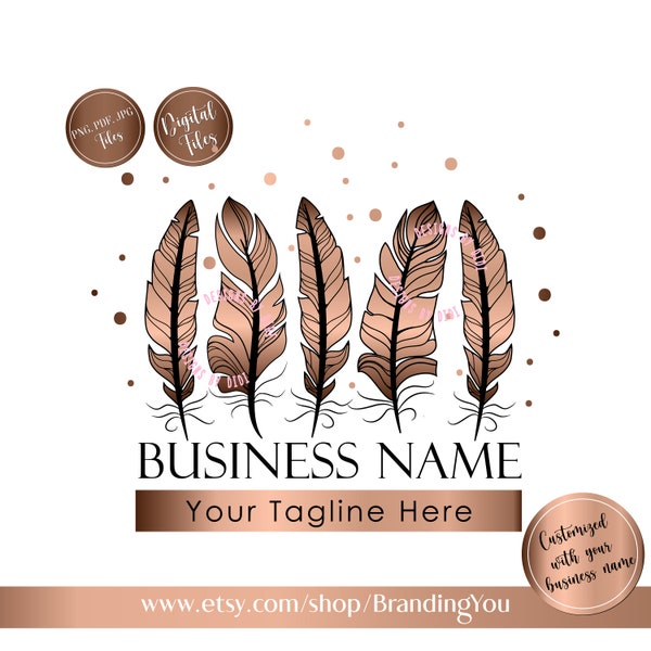 Feather logo, boutique logo, fashion logo, beauty logo, rose gold copper stamp watermark logo, photography design, boho branding package
