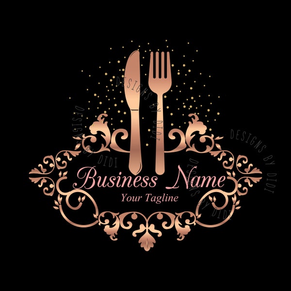 Catering logo, cooking logo, food watermark logo, fork knife gold logo design, cook restaurant logo elegant, vector restaurant branding