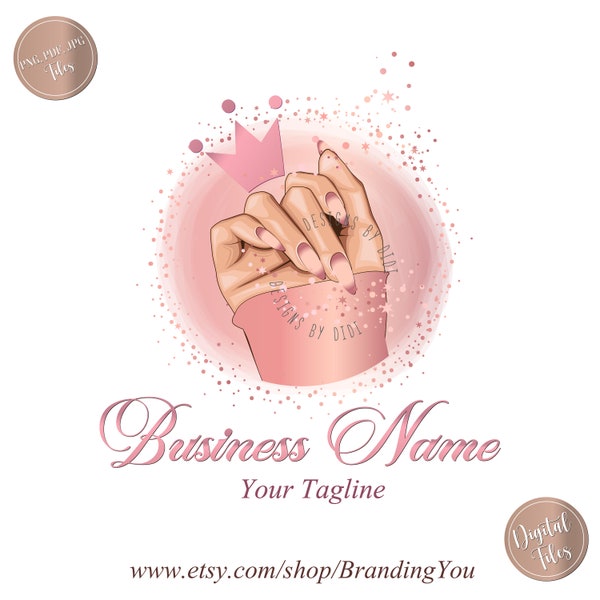 Nails Logo Design, Nail Tech logo, Nails Artist Logo, Beauty logo, Premade Logo, rose gold pink glitter nails logo, Nail Technician Logo