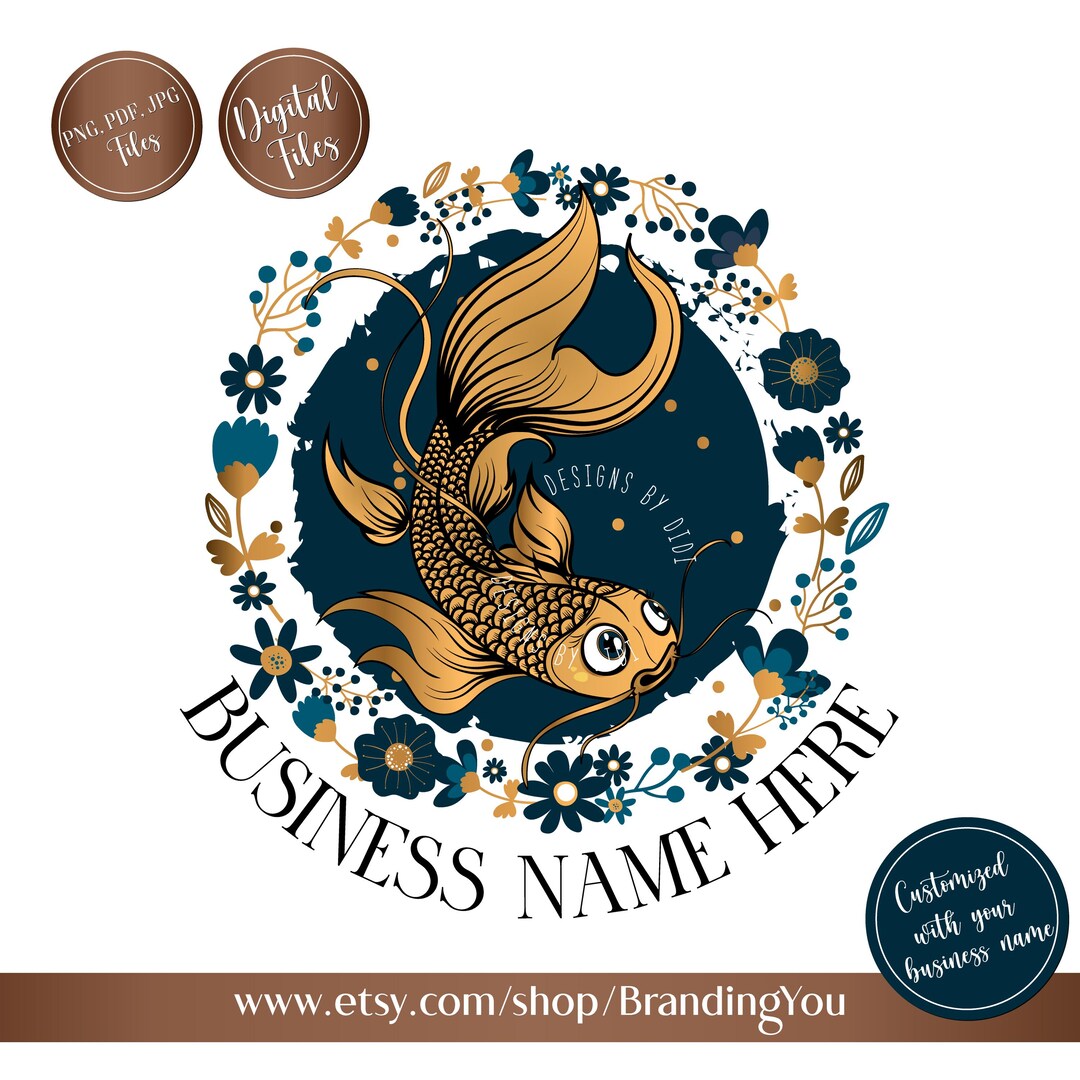 Gold Fish Design Goldfish Logo Design: Floral Koi, Hand-drawn Watermark (PNG, JPG, PDF ...