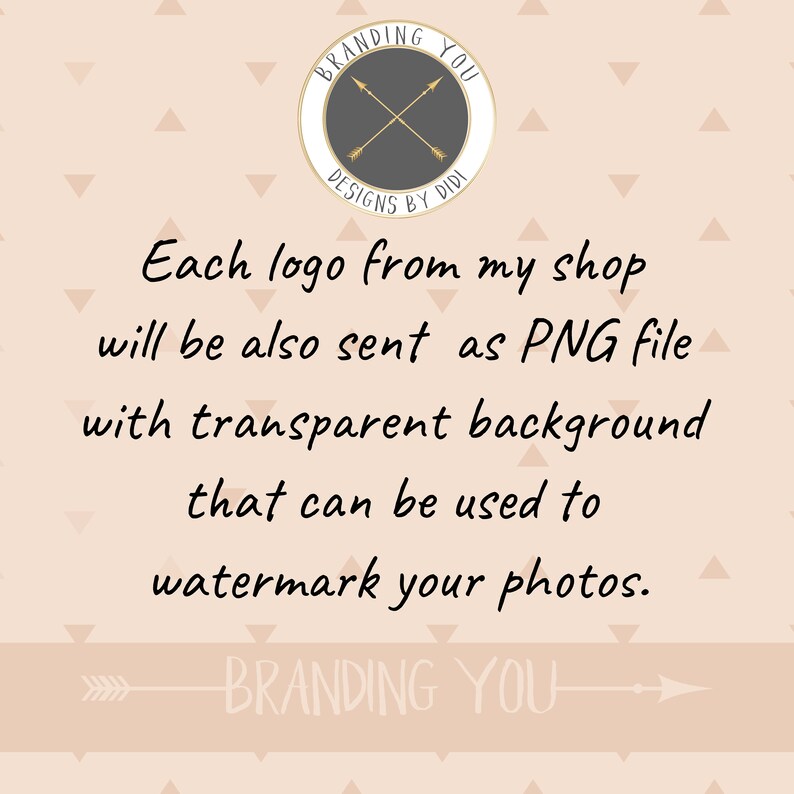 K&ouml;nnte beinhalten: Ein Logo f&uuml;r ein Grafikdesign-Gesch&auml;ft mit dem Text "Branding You" und "Designs by Didi" in einem Kreis mit gekreuzten Pfeilen. Der Text "Jedes Logo aus meinem Shop wird auch als PNG-Datei mit transparentem Hintergrund gesendet, das zum Wasserzeichen Ihrer Fotos verwendet werden kann." befindet sich unter dem Logo.