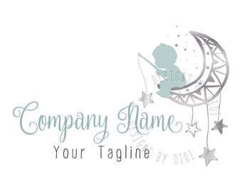 Children logo, little boy sitting on moon graphic design, preschool kindergarten art cute kids clothes, childcare nursery business branding