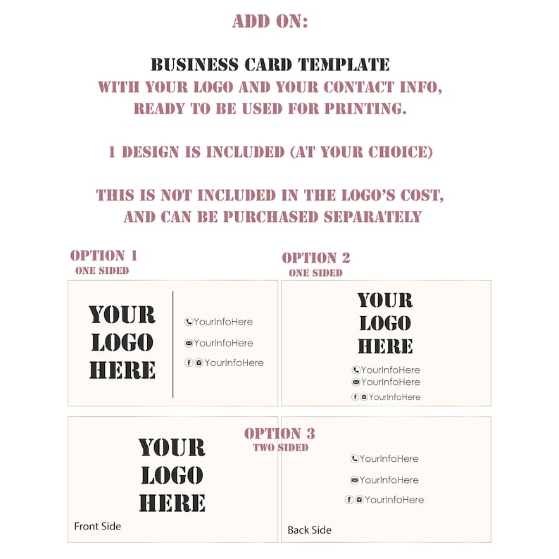 K&ouml;nnte beinhalten: Eine Visitenkartenvorlage mit dem Text "YOUR LOGO HERE" in Schwarz auf wei&szlig;em Hintergrund. Die Vorlage bietet Platz f&uuml;r Kontaktinformationen wie Telefonnummer, E-Mail-Adresse und Social-Media-Links. Der Text "OPTION 1 ONE SIDED" und "OPTION 2 ONE SIDED" wird &uuml;ber den Kartenvorlagen angezeigt. Der Text "OPTION 3 TWO SIDED" wird &uuml;ber der dritten Kartenvorlage angezeigt. Der Text "Front Side" und "Back Side" wird unter den Kartenvorlagen angezeigt.