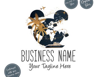 Disneyland Travel agent logo, travel Logo, Disney mouse ears vector travel agency design, travel cruise ship design, navy gold branding
