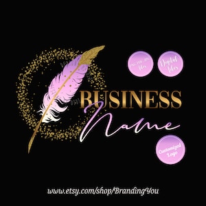 Feather logo, notary branding design, boutique logo, fashion logo, beauty logo, feminine logo, gold glitter pink purple feather business