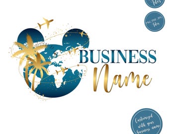 Disneyland Travel agent logo, royal blue travel Logo, Disney mouse ears vector travel agency design, travel tour cruise editable template