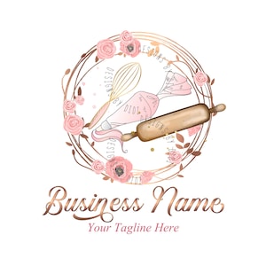 Bakery logo, custom logo design, rolling pin whisk watercolor logo, piping bag whisk rolling pin bakery logo, baking logo, branding package