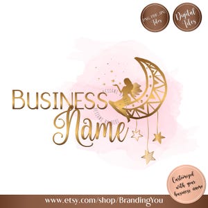 Peut inclure: Logo doré avec une lune en croissant, une silhouette de fée, des étoiles et le texte "Business Name". Le design est sur un fond rose aquarelle. Comprend "PNG, PDF, JPG Files" et "Digital Files".