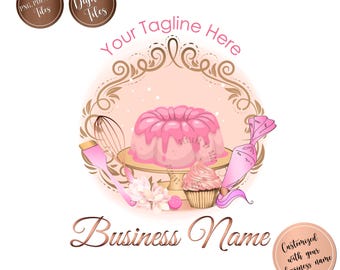 Può includere: Un logo design con una torta rosa su un supporto dorato, un cupcake e una sac à poche. Il design include una frusta, una spatola e elementi floreali. Il testo include "Your Tagline Here" e "Business Name".