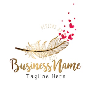 Feather hearts logo, boutique logo, fashion logo, beauty logo, spiritual logo, gold watermark logo, photography feather logo, branding pack