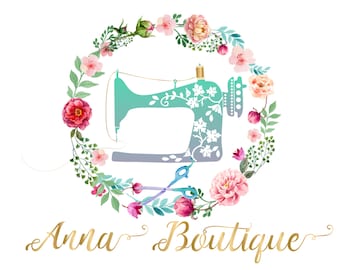 Logo aquarel naaimachine: digitaal ontwerp bloemen naaister
