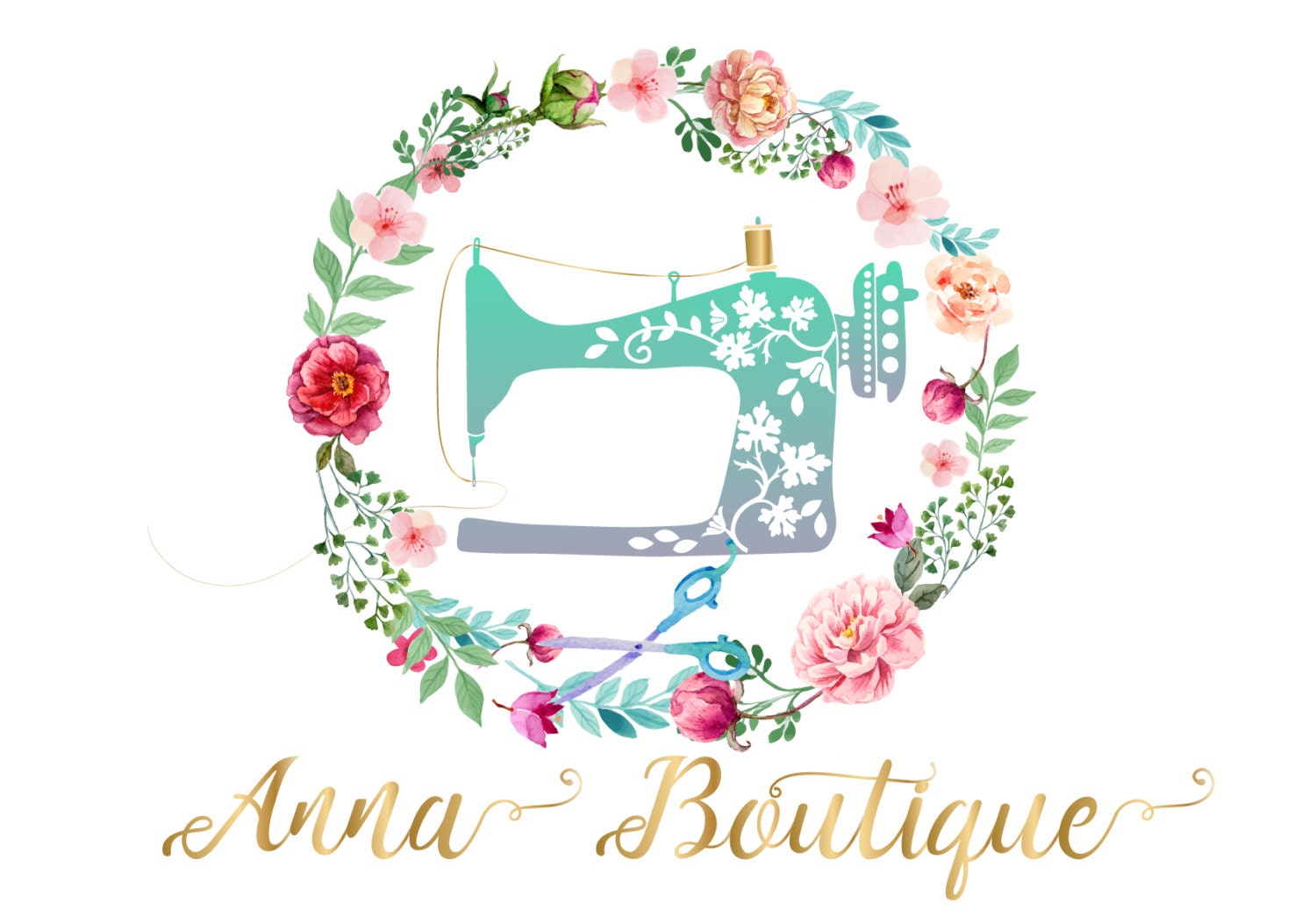 Premade boutique pink sewing machine watercolor business logo