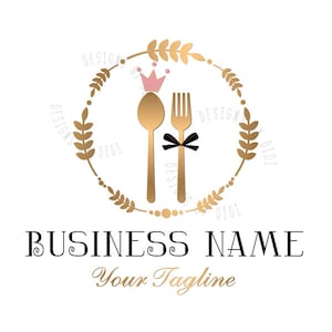 Logotipo de restaurante, logotipo de cocina, diseño de logotipo personalizado, logotipo de cuchara con corona de oro rosa, logotipo de marca de agua de comida, diseño de logotipo de cuchara con tenedor vectorial