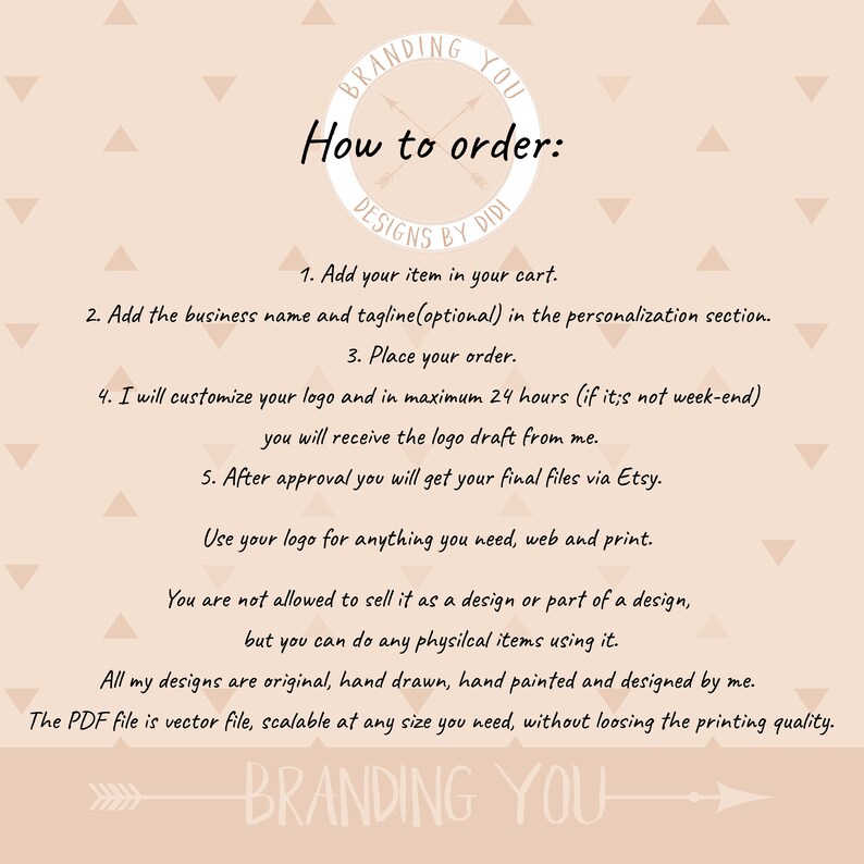 K&ouml;nnte beinhalten: Eine rosa-wei&szlig;e Grafik mit einem Kreis, der den Text "Branding You Designs by Didi" enth&auml;lt, und Anweisungen, wie man ein individuelles Logo bestellt. Der Text lautet: "Legen Sie Ihren Artikel in den Warenkorb. F&uuml;gen Sie den Firmennamen und den Slogan (optional) im Personalisierungsbereich hinzu. Bestellen Sie. Ich werde Ihr Logo anpassen und innerhalb von maximal 24 Stunden (falls es nicht Wochenende ist) erhalten Sie den Logoentwurf von mir. Nach der Genehmigung erhalten Sie Ihre endg&uuml;ltigen Dateien &uuml;ber Etsy. Verwenden Sie Ihr Logo f&uuml;r alles, was Sie brauchen, Web und Druck. Es ist nicht gestattet, es als Design oder Teil eines Designs zu verkaufen, aber Sie k&ouml;nnen physische Artikel damit herstellen. Alle meine Designs sind original, handgezeichnet, handbemalt und von mir entworfen. Die PDF-Datei ist eine Vektordatei, die in jeder Gr&ouml;&szlig;e skalierbar ist, ohne dass die Druckqualit&auml;t verloren geht. Branding You."