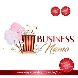 May include: A logo design featuring a red and white striped popcorn bucket with popcorn spilling out, two cotton candy clouds, and the text "BUSINESS Name" in gold. The text "www.etsy.com/shop/BrandingYou" is at the bottom of the image.