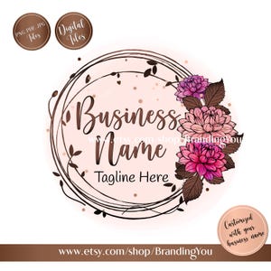 Könnte beinhalten: Ein Logo-Design mit einem floralen Kranz und rosa und lila Blumen, mit den Worten "Business Name" und "Tagline Here". Enthält den Text "PNG, PDF, JPG Files" und "Digital Files."