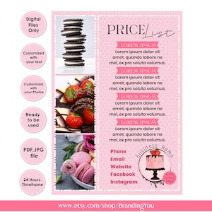 Bäckerei Gebäck Flyer, Bäckerei Menükarte, süße Leckereien Preisliste, Schokolade Erdbeer Oreos Macarons Logo Branding, Printable anpassbar
