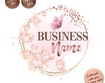 May include: A logo design featuring a pink butterfly, flowers, and the words "BUSINESS Name" in a decorative font. The design includes a gold circular frame and is set against a soft pink background. The image also includes the text "Customized with your business name" and "www.etsy.com/shop/BrandingYou".