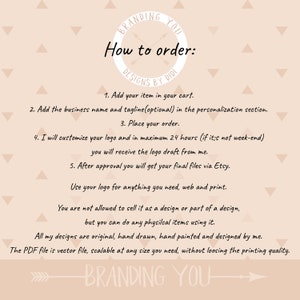 May include: A pink and white graphic with a circle containing the text "Branding You Designs by Didi" and instructions on how to order a custom logo. The text says to add the item to the cart, add the business name and tagline, place the order, and then the designer will customize the logo within 24 hours. The text also says that the logo will be provided in a PDF file that is scalable to any size.