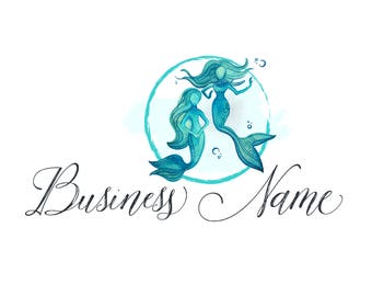 Watercolor Mermaid Logo, Turquoise Ocean Siren, Fantasy Sea (Premade Logo)