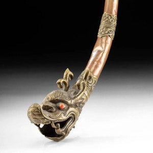 19th to Early 20th Cent. Tibetan Ritualistic Buddhist Trumpet 17 inches tall! w/ COA brass dragon or Makara shaped trumpet Stunning Ornate