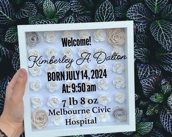 Personalized Baby Shadow Box: Paper Flowers, Custom Name & Date
