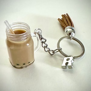 Cute Bubble Tea Boba Keychain Keyring with Personalized Letter Initial Charm