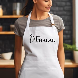 Muslim Apron: Eat Halal Design - Adjustable Strap, Two Pockets
