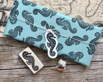 hand carved rubber stamp „ Seahorse “, DIY, print making, gift packaging