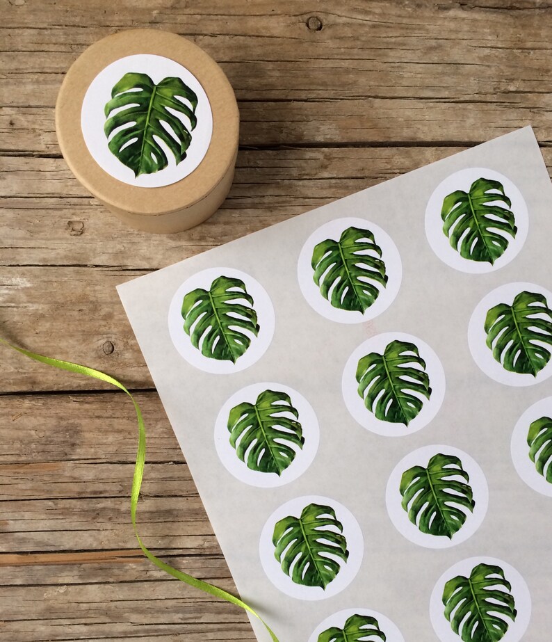 Monstera leaf sticker, sheet with 15 Stickers, plant design, green leaf, plant decor,DIY,gift wrapping, exotic leaf, tropical design print image 4