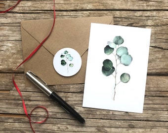 Handmade greeting card „Eucalyptus“, greenery print, eucalypt design , holiday card set of 2: card & stiker, X-Mas card