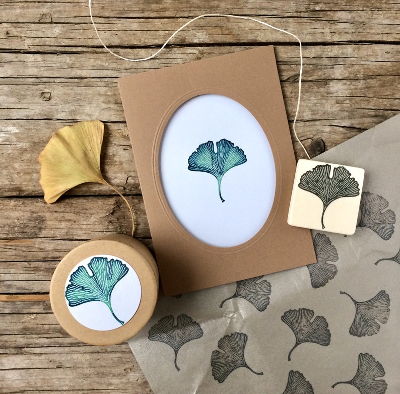 Hand carved rubber stamp ginkgo leaf, DIY, gift for kids, printing, gift packaging, art journaling, scrapbooking, card design image 1
