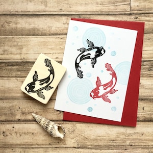 Hand carved rubber stamp „koi carp“,fish motiv, under water,printmaking, card design, gift for kids, gift wrapping, gift tags, scrapbooking