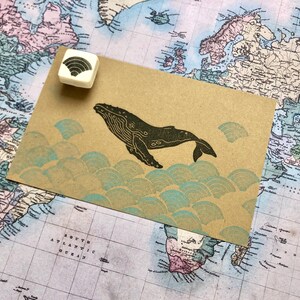 hand carved rubber stamp whale, DIY, gift for kids, printing, gift packaging image 5