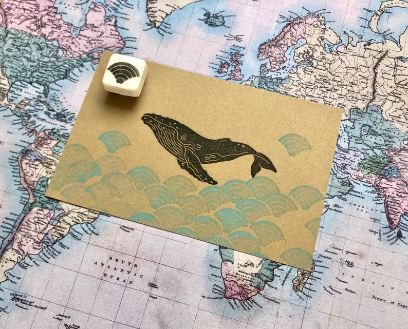 hand carved rubber stamp whale, DIY, gift for kids, printing, gift packaging image 5