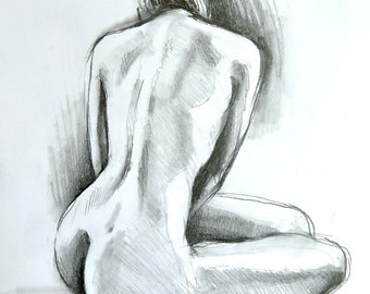 ORIGINAL artistic nude pencil drawing, women figure, girl gesture drawing, bathroom,bedroom decor