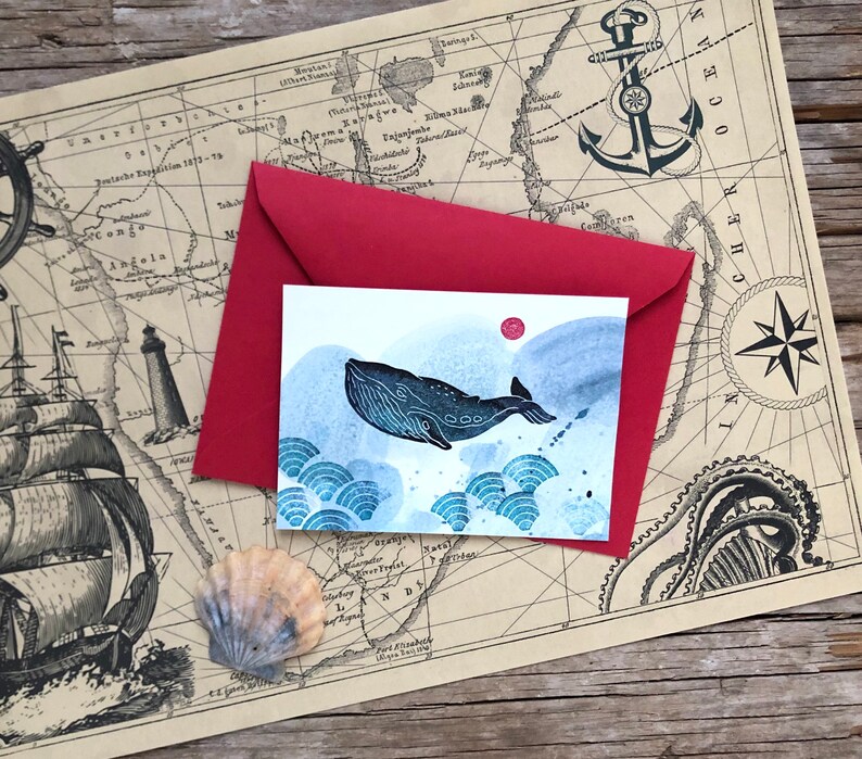 hand carved rubber stamp whale, DIY, gift for kids, printing, gift packaging image 6