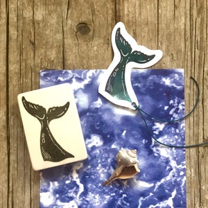 timbro intagliato a mano "pinna di balena", pinna caudale di balena, motivo animali marini, artigianato, fai da te, stampa di biglietti