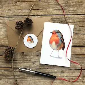 Biglietto d'auguri pettirosso, set da 2 pezzi composto da biglietto e adesivo, cartolina A6 con retro vuoto