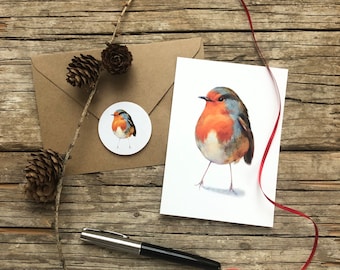 Handmade greeting card „Robin“, bird print, woodland design, holiday card set of 2: card & stiker, X-Mas card