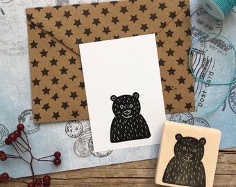 Bear hand carved rubber stamp, DIY card design, gift for bear lover, gift wrapping, gift tags, scrapbooking