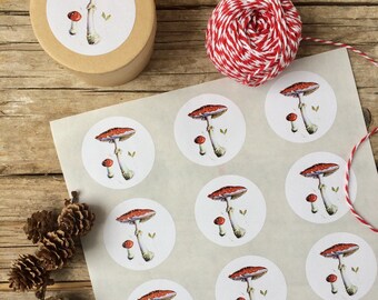 Toadstool sticker, sheet with 15 Stickers, mushroom design, Christmas decor, DIY, scrapbooking, gift wrapping, packeging