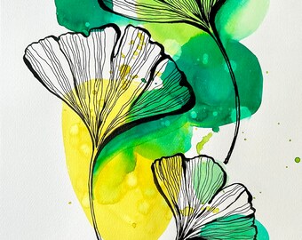 Ginkgo Blatt ORIGINAL Tusche und Aquarell Bild, Wandbild , Wanddekoration