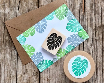 Hand carved rubber stamp Monstera leaf, DIY card, handmade, exotic plant leaf, botanical decor, print making, gift wrapping