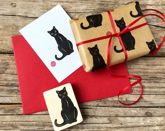 Hand carved rubber stamp Black Cat, DIY, gift for kids, gift for cat lovers, Bullet Journal stamp,gift packaging, Scrapbooking, card design